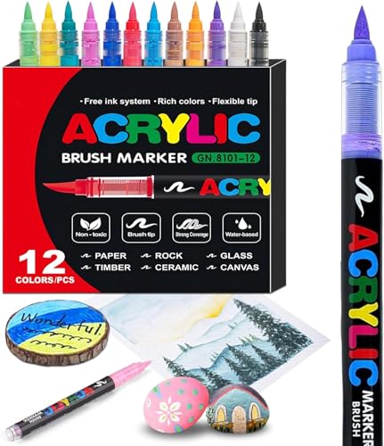 Image of 12 Colors Acrylic Paint Pens, Soft Brush Tip Acrylic Markers, Quick Dry Waterproof Acrylic Paint Markers for Canvas, Wood, Metal, Ceramic, Stone