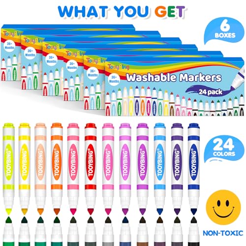 Image of Washable Markers Bulk (144 Count, 6 Box), Broad Line Markers for Kids with Conical Tip, Assorted Colors, Drawing Essential for School Classroom, Student Must Have for Coloring Book, Art Craft Supplies