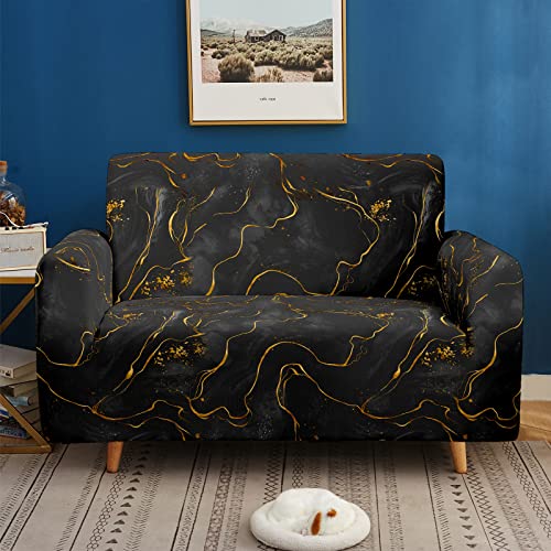 Hosima Black Golden Marble Loveseat Cover,Abstract Fluid Sofa Couch Cover For 2 Cushion Couch,Printed Stretch Washable Loveseat Slipcover Furniture Protector For Living Room,Medium（57-77 Inch） #TOP2