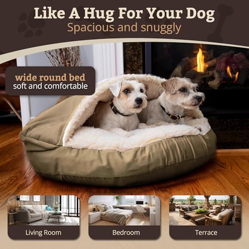 Image of Snoozer Cozy Cave Dog Bed, Round Covered Dog Bed, Khaki (S)