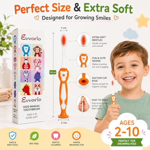 Image of Toothbrush for Kids with Ultra Soft Bristles for Oral Cleaning, Suitable For 2-12 Years Toddlers, Lion Design, Orange Pack of 1