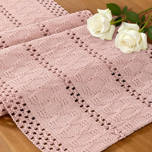 Image of MLMC Pink Boho Table Runner Farmhouse Macrame Woven Table Runner 90 inch Long Rustic Cotton Linen Blend Table Decor for Dinning Kitchen Wedding Bridal Shower Eveyrday Use 12x90 Inch