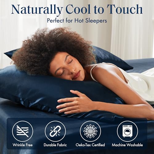 Image of Madison Park Essentials Satin Pillowcase Set of 2, Standard Midnight Blue | Pillowcase Cover for Hair & Skin, Luxuriously Soft, Natural Sheen Luster, Cool to Touch, Wrinkle-Free, Machine Washable