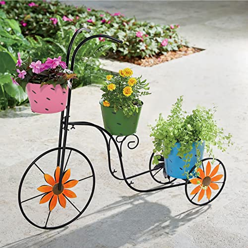 BAYN Bicycle Planter Stand, Metal Flower Pot Cart Holder with 3 Plant Bucket Outdoor Decorative for Patio, Deck, Garden or Lawn