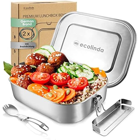 ecolinda Fiambrera de acero inoxidable grande con cubiertos y junta de repuesto Cover
