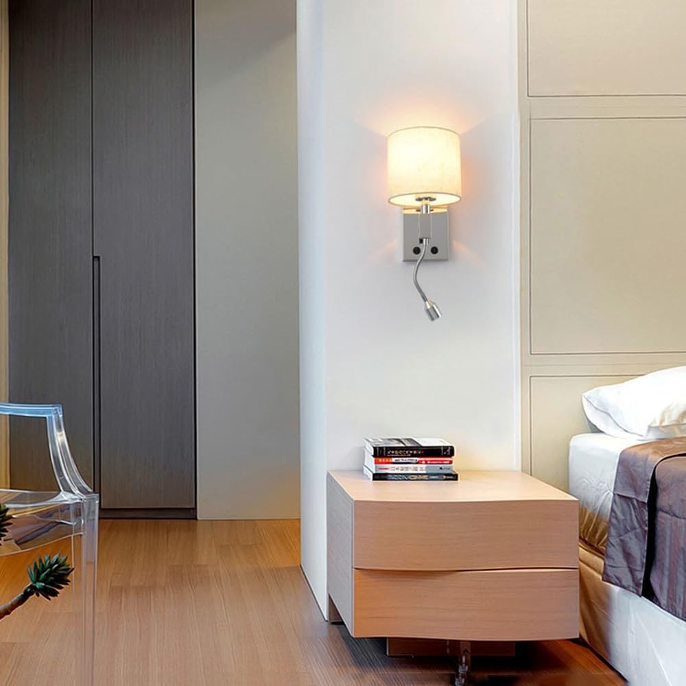 Lámparas de Pared para Dormitorio, cromadas con Pantalla de Tela, 2 Luces con luz de Lectura Ajustable, lámpara de mesita de Noche con cableado Fijo para Dormitorio y Sala de Estar