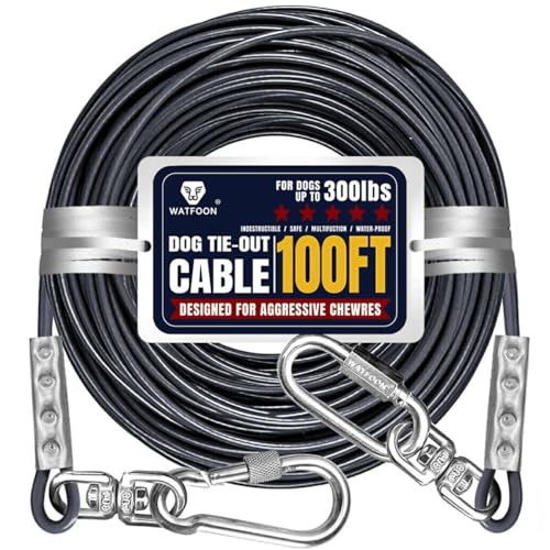 WATFOON Câble de fixation robuste pour chiens de grande taille 30,5 m - 38,6 kg, 59,9 kg, 113,4 kg, 299,6 kg - Avec clip pivotant - Ne s'emmêle pas - Pour l'extérieur, la cour et le camping - Gris