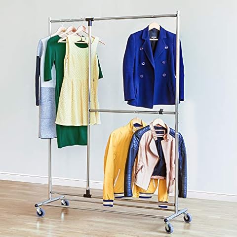 Tatkraft Marvel - Clothes Rack on Wheels, Double Adjustable Rod, Rolling Garment Rack, Chromed Steel Cover