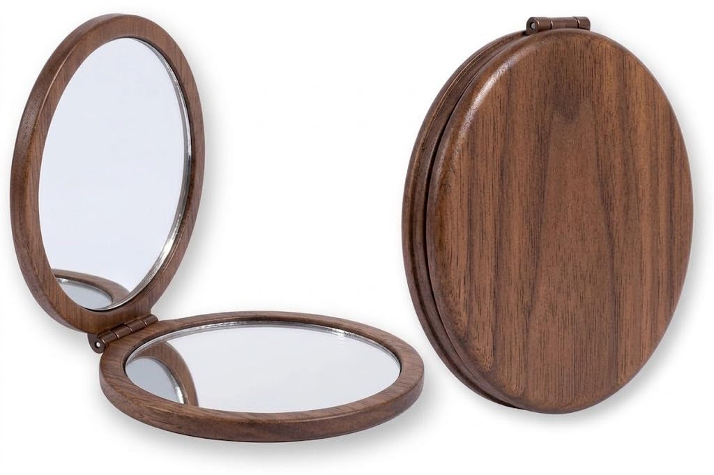 1Pc-Brown, Small Brown Wooden Pocket Mirror for Women, Portable Folding Compact Makeup Mirror with Double Sided 1X/2X Magnification, Travel Purse Handbag Vanity Mirror-picture-21