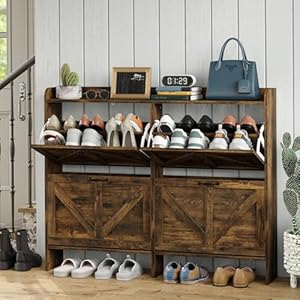 Shoe Storage Cabinet with 4 Flip Drawers Freestanding Shoe Rank Shoe Cabinet with Mental Legs for Entryway Slim Shoe Cabinet Rustic Brown