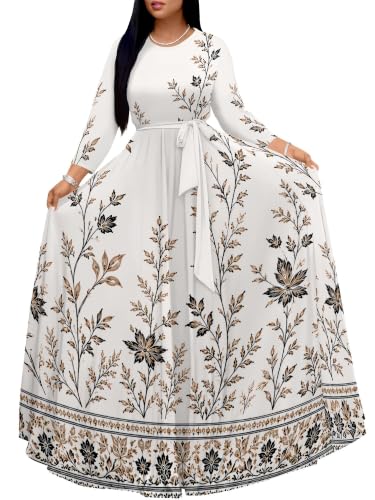 Image of Women Plus Size Long Sleeve V Neck Maxi Dress with Belt | Soft fabric relaxed fit three quarter sleeve v neck with pockets for party and daily wear