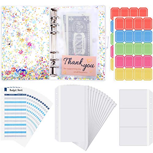 28 Pieces A6 Binder PVC Notebook Cover, Binder Budget Envelopes System Budget Planner Organizer, Waterproof 6-Ring Binder Cover with Binder Pockets, Budget Sheets, Card Bag and Labels (Sequins)
