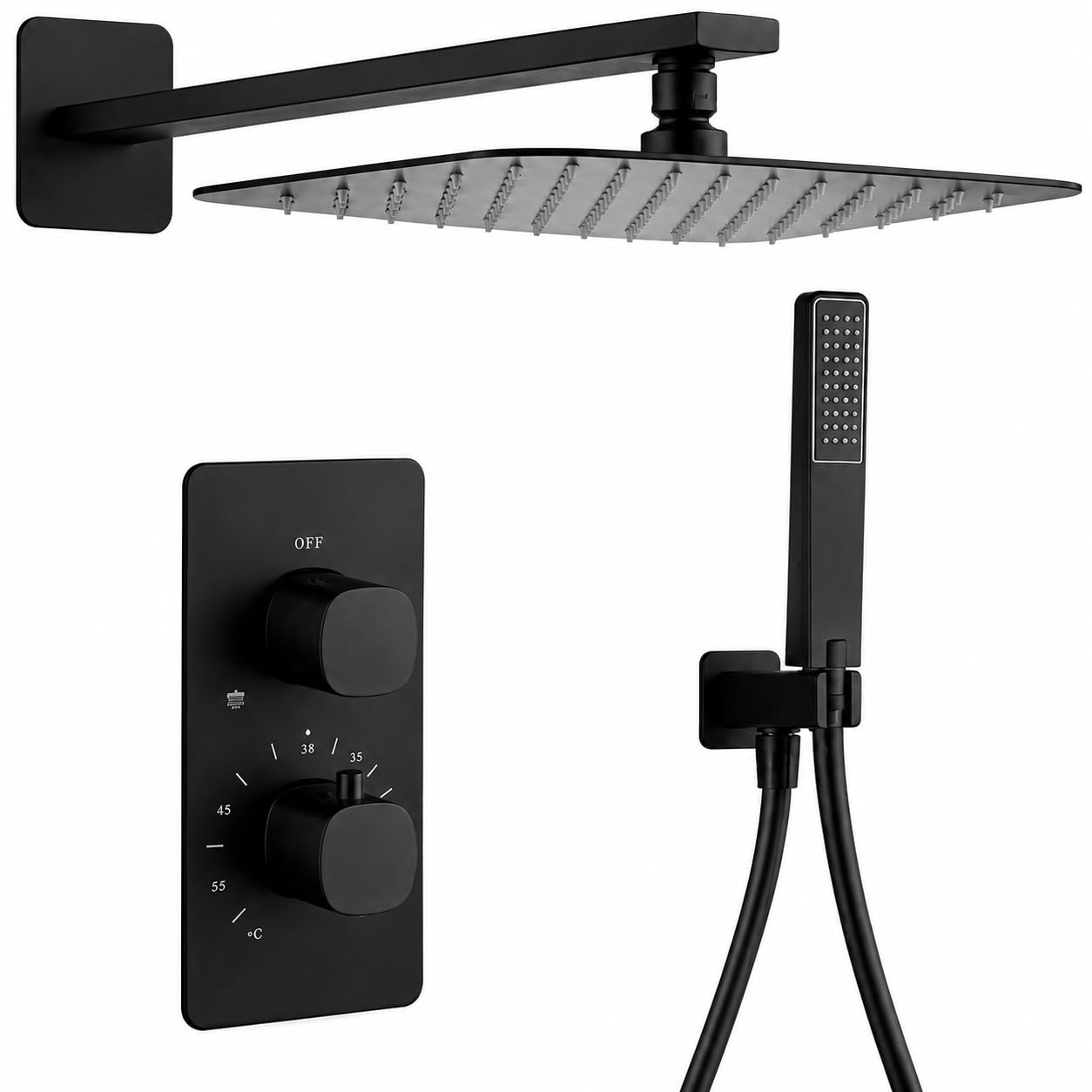 IMEX Conjunto Ducha Empotrado Termostático Negro mate Toscana GTT064 Grifería con Rociador Efecto Lluvia 25x40 cm Ducha de Baño 2 Vías Set de Ducha Completo