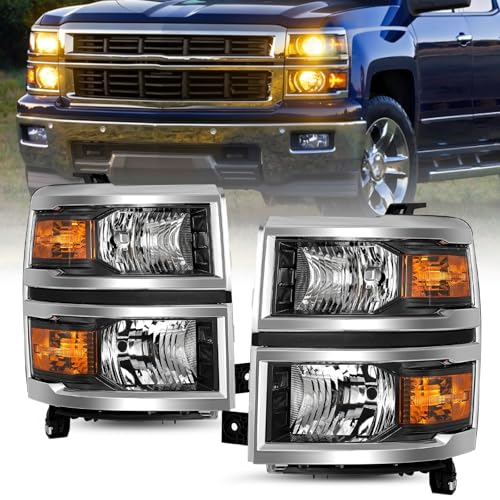 JSBOYAT Halogen Headlight Assembly Fit for 2014 2015 Chevy Silverado 1500 OEM Style Chrome Housing Easy Install Anti Fog&UV Waterproof Replacement Left & Right Side