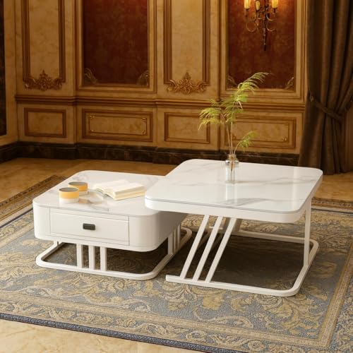 Image of Two Square Stacking Nesting Coffee Tables with Metal Frames, Wooden Tops, and Handcrafted Drawers Make up This Contemporary Centre Couch Table for Living Rooms bedrooms, & Apartments (Wht)