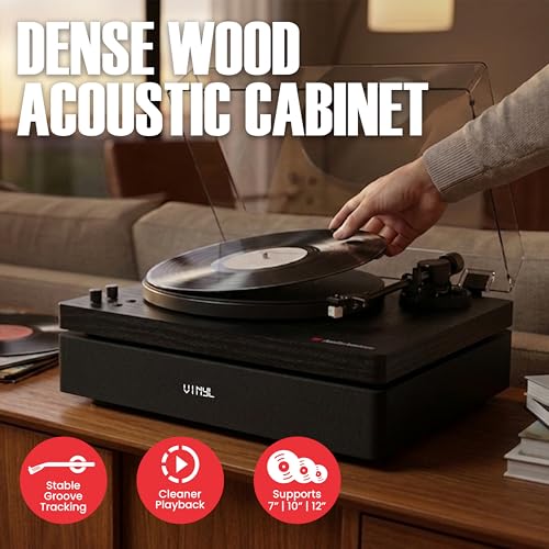 Image of AudioSource Vinyl Record Player, 120W All-in-one Turntable with 2.1 Channel Built-in Speaker, Bluetooth 5.4, Built-in Subwoofer, High Fidelity 2-Speed Belt Drive, Patented Isolation System, Black
