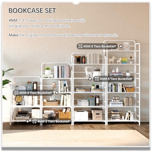 Image of 4NM No Assembly Folding Bookshelf, 5 Tiers Collapsible Book Shelves Open Industrial Foldable Storage Bookcase Shelf for Bedroom, Living Room, Home Office - All White