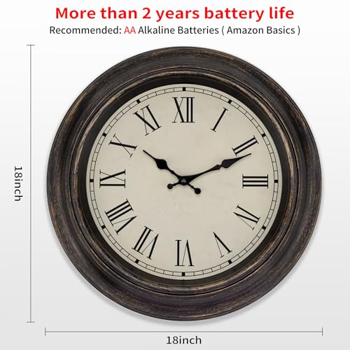 Image of Foxtop Large Bronze Wall Clock 18 Inch Silent Non Ticking Battery Operated Classic Vintage Retro Wall Clock Decorative for Living Room Kitchen Home Office (Roman Numerals)