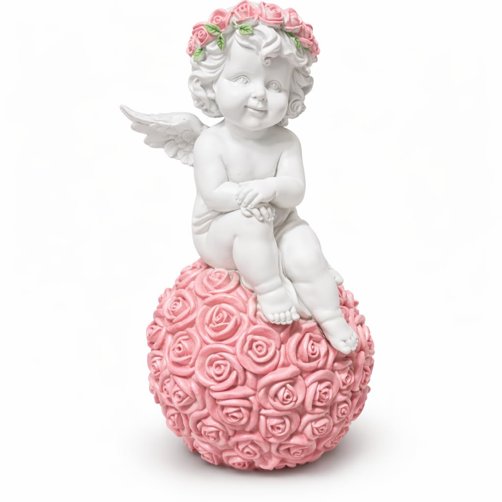 Cherub Angel Ornament Sitting on Rose Ball, Resin Decorative Figurine 20cm, Cute Angel Statue for Home Décor, Memorial Ornament, Dreamy & Playful Poses JR2527 (Playful Pose Cherub (upright sitting))