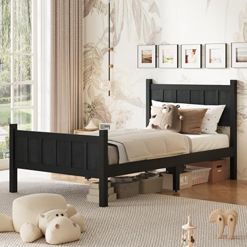 Image of Twin Size Vintage Bed Frame with Headboard, Farmhouse Wooden Platform Bed with Under-Bed Storage, Minimalist Modern Wood Grain Finish Bedframe for Bedroom (Black)