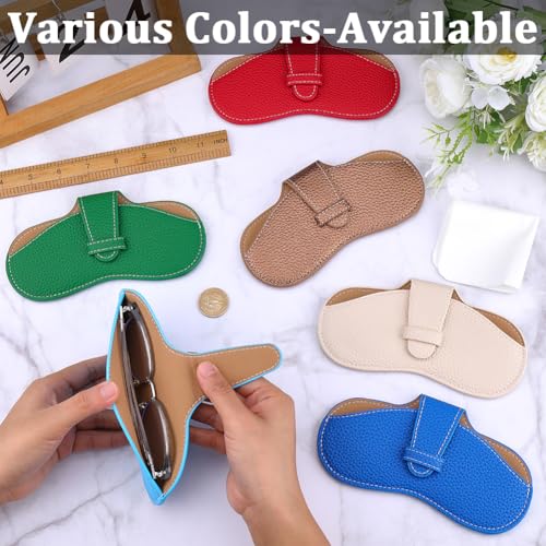 Image of CREATCABIN Leather Sunglasses Case Portable Slim Glasses Case Soft Eyeglasses Spectacle Cases Pouch Bag Cover Lightweight with Cleaning Cloth Gifts for Women Men Travel Vacation 6.9x3.4 Inch Sky Blue