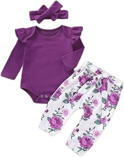 AOSWEP Newborn Baby Girl Outfit: Long Sleeve Ruffle Romper, Floral Pants & Headband Set - Soft Comfort 0-12M