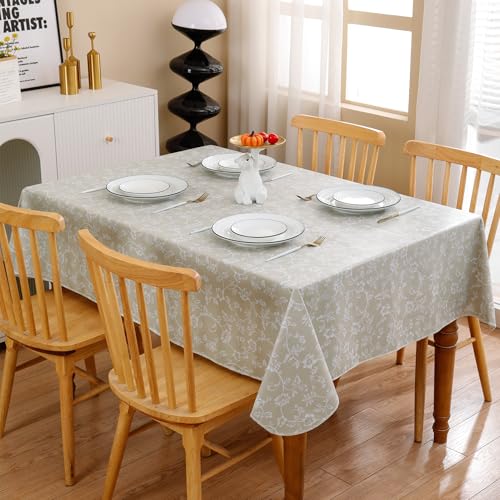 Image of Heavy Duty Vinyl Tablecloth with Flannel Backing Waterproof Oil-Proof Plastic Table Cloth Stain-Resistant Wipeable Rectangle or Square Table Cover for Indoor and Outdoor (Beige Floral,52x70 Inch)