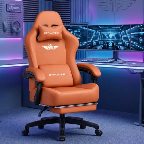 Image of GTPLAYER Big and Tall Gaming Chair 400lbs Heavy Duty Office Chair with Footrest, High Back Pocket Spring Ergonomic Computer Chair for Adults, Wide Seated Cushion with Linkage Armrests,Leather Orange