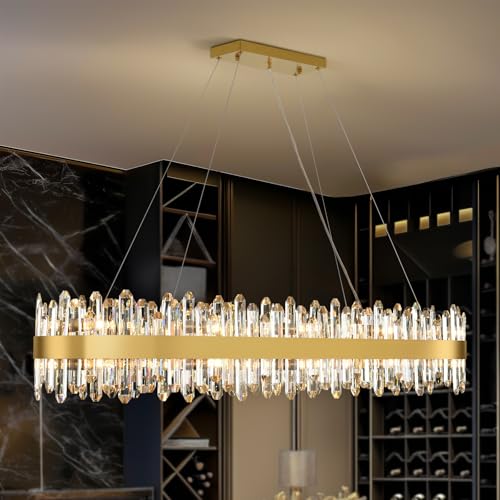Modern Chandelier, 20-Lights 2 Tiers Gold Rectangular Chandeliers for Dining Room, 52'' Luxury K9 Raindrop Crystal Chandeliers, Adjustable Kitchen Island Chandelier for Living Room, Foyer Entryway