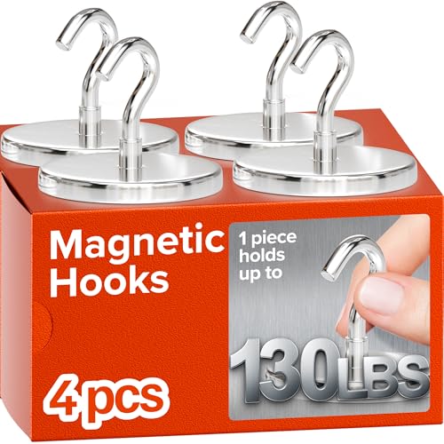 Magnetic Hooks 130 LBS (Pack of 4 Silver) - Heavy Duty Neodymium Hooks for Outdoor & Backyard Use - Strong Rare Earth Magnets for Cruise Cabins - Magnetic Hooks for Kitchen & Refrigerators