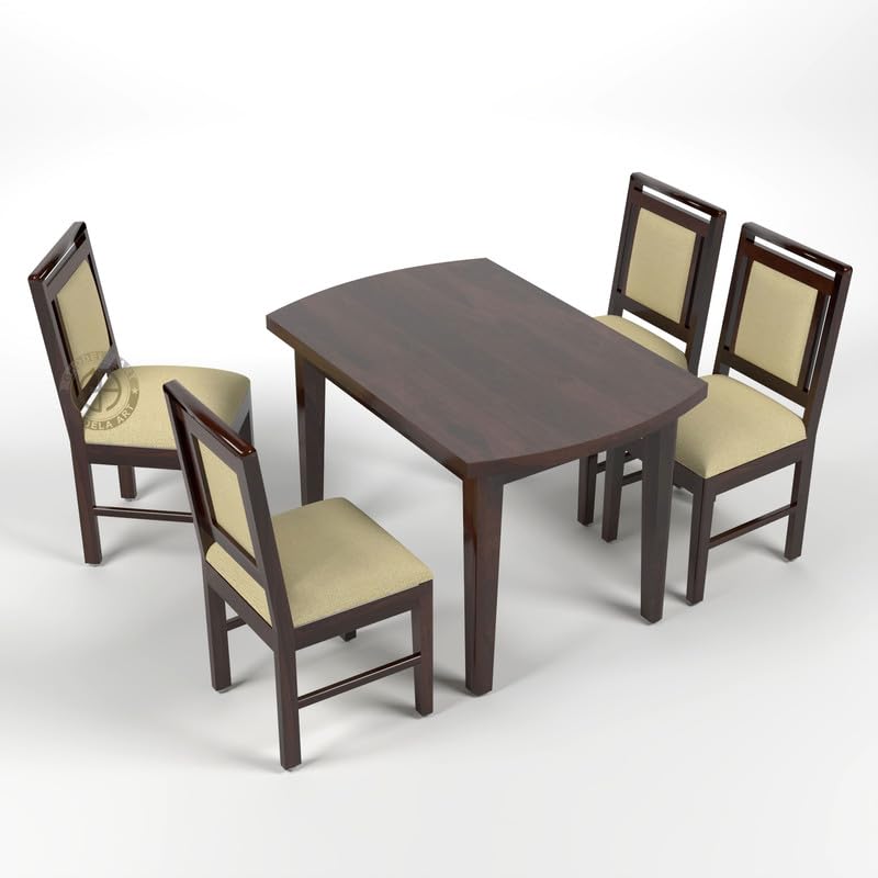 Image of Sheesham Wood Oval Dining Table with Cushion Chairs Set for Home Hall | Solid Wood Dinner Table with Chairs for Hotels | Dining Room Sets (Walnut Finish 1, 4 Seater)