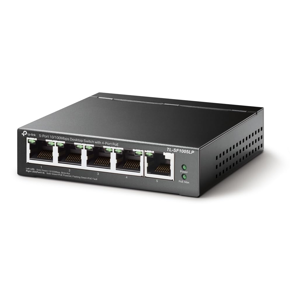 TP-Link TL-SF1005LP 5 Port 10/100Mbps PoE Switch, 4 PoE Ports, Transmission Distance Up to 250m, Desktop Network Switch, Plug & Play, Sturdy Metal Case, Fanless, Extend & Priority Mode,Auto Recovery