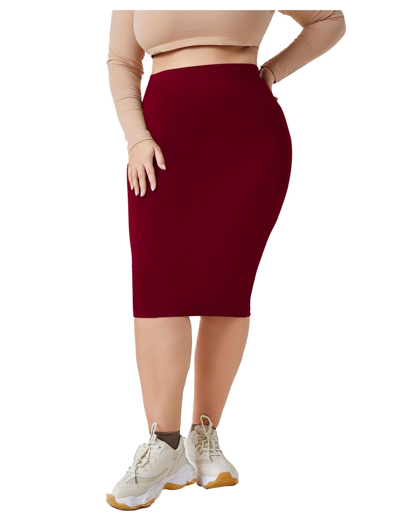 Womens Plus Size High Waisted Bodycon Skirt Basic Pencil Midi Skirts