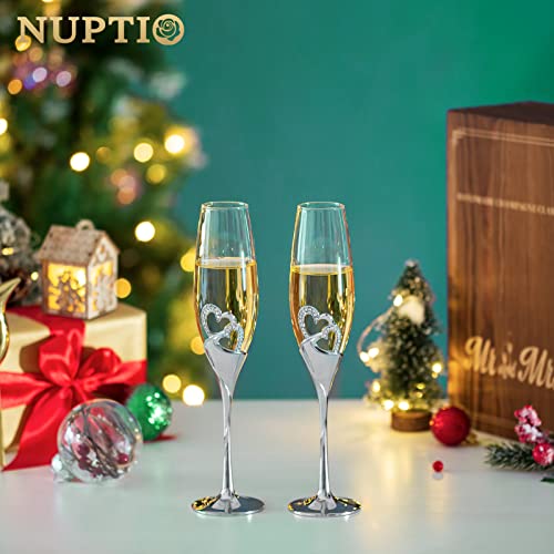 Nuptio Champagne Flutes Glasses Wedding: Personalised Champagne Flute With Wooden Gift Box Crystal Prosecco Glass Set Of 2, Silver Gift Set For Engagement Toasting Anniversary Party Bridal Showers #TOP1