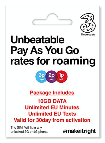 European (UK Three) Holiday SIM/Roaming SIM inc 10GB Data, Unlimited European Minutes & Texts. Use Data in 71 Destinations Around The World.