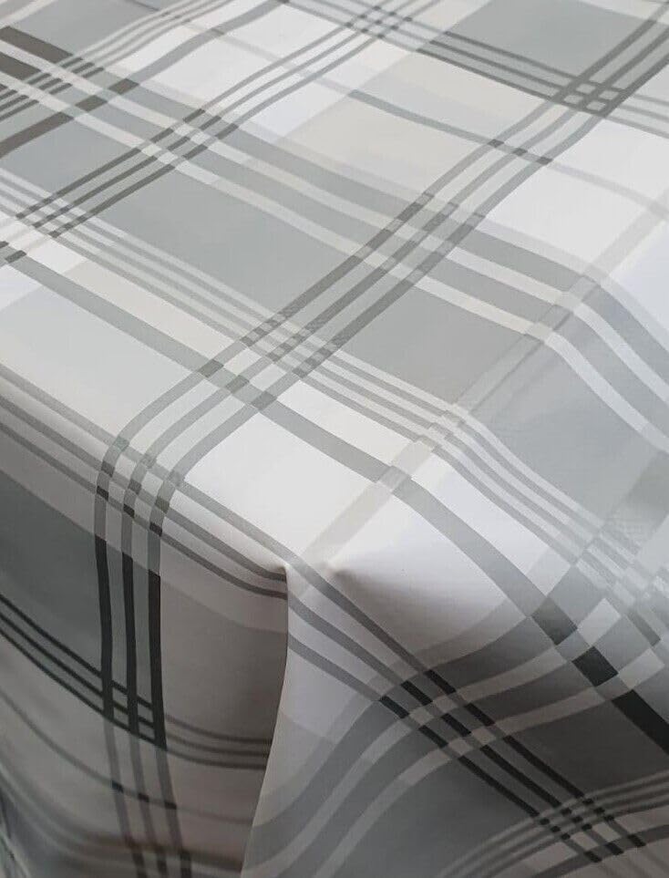 Designers247 Plain Silver Grey White Highland Check PVC Plastic Vinyl Table Cloth Tartan Checked Striped Party (120cm x 140cm Rectangle 47" x 54" inches)