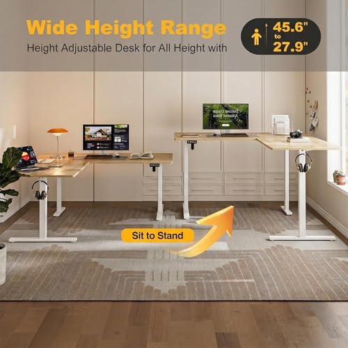 Image of Grandder 75 x 61 Inch L Shaped Standing Desk, Electric Height Adjustable Corner Stand Up Desk, Sit Stand Corner Table Home Office Table, Oak Top White Frame