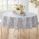 Newbridge Blue Easter Cotton Tail Bunny Party 70 inch Round Vinyl Tablecloth with Flannel Backing, Bunny Rabbit, Easter Eggs and Floral Design for Spring Holiday Dining Party
