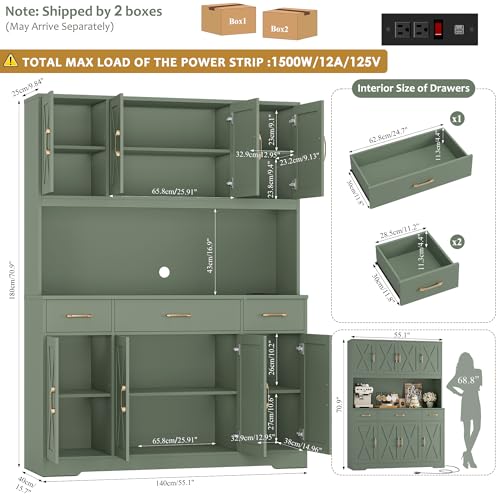 Image of HOSTACK 71 inch Tall Pantry Cabinet with Charging Station, 55 inch Wide Kitchen Pantry Storage Cabinet with Countertop, Large Kitchen Hutch with Storage Drawers and Microwave Stand for Dining Room, Green