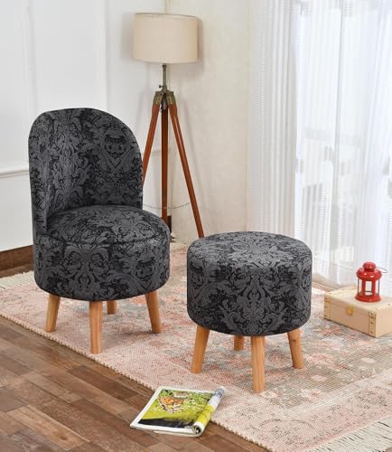 Image of NACIA Velvet Printed Ottoman Chair with Stool Combo | Dressing Table Chair for Bedroom Makeup Room Decor | Modern Upholstered Ottoman with Wooden Legs for Living Room & Home (18x18x32 Inches, Black)