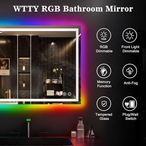 Image of WTTY LED Bathroom Mirror 60 inchx36 inch with RGB Backlit and Front Light,Stepless Dimmable LED Mirror for Bathroom,Lighted Bathroom Vanity Mirror,Anti-Fog,Memory Function,Shatter-Proof,Wall Mounted
