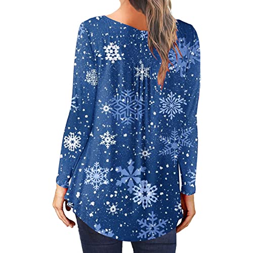 Women's Casual Long Sleeve Open Button Round Neck Loose Fit Pleated Tunic Shirt Blouse Tops Blue #TOP2