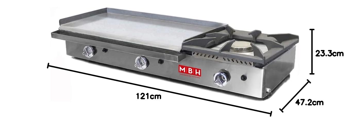MBH - Plancha a gas industrial 800x400 mm con fogón para hostelería. Fry Top de acero laminado para cocina profesional de bar y restaurante.