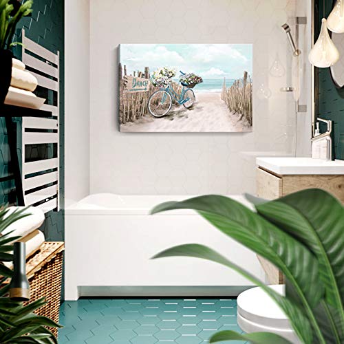 Large Wall Art for Living Room Décor Beach Picture Wall Art Modern Framed Sea Seaside Bicycle Canvas Print Seascape Artwork Ocean Painting for Home Bedroom Teal Aqua Turquoise 36x24inch - Image 6