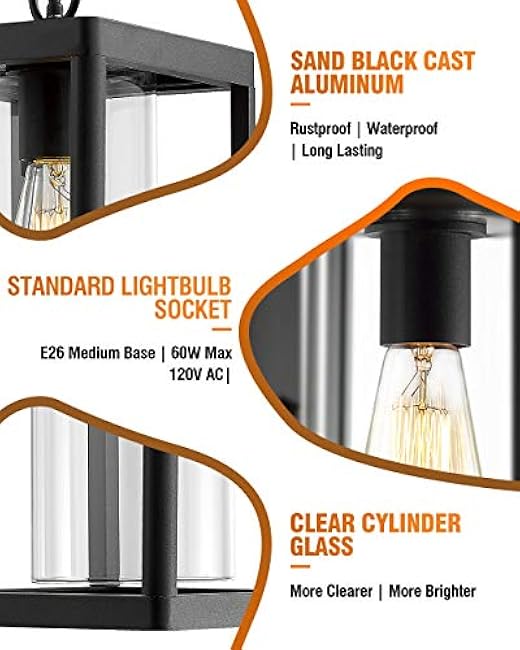 Beionxii Outdoor Pendant Light, Modern Exterior Hanging Porch Lantern, Black Cast Aluminum w/Clear Cylinder Glass - A291H-1PK