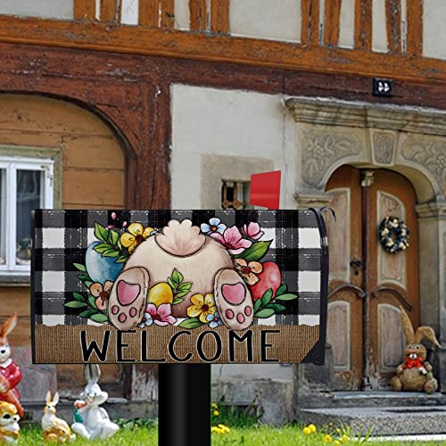 Fbcoo Welcome Easter Bunny Rabbit Mailbox Cover Magnetic Standard Size 21" X 19", Eggs Buffalo Plaid Check Decorative Post Letter Box Wrap Decor Funny Farmhouse Garden Yard Outdoor Decoration #TOP6