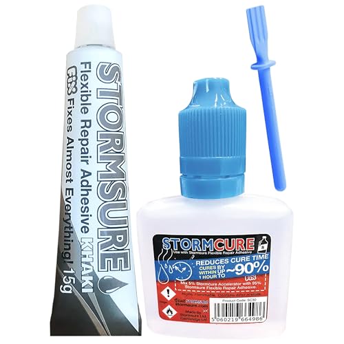 Stormsure Adhesivo Reparador Flexible 15g Caqui + 30ml Stormcure Accelerator + Espátula - Stormsure's 1-Hour Repair