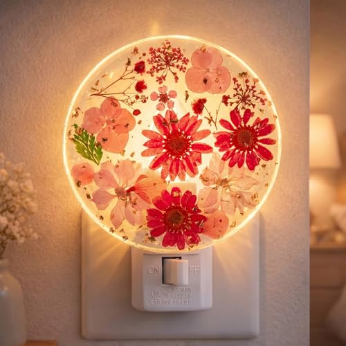 Image of Glooglitter Pressed Flower Night Light Plug in-Handmade Dried Floral Wall Night Light, Soft Glow Decorative Nightlight for Hallway Bedroom Nursery Bathroom, Vintage Botanical(Red,Flower)