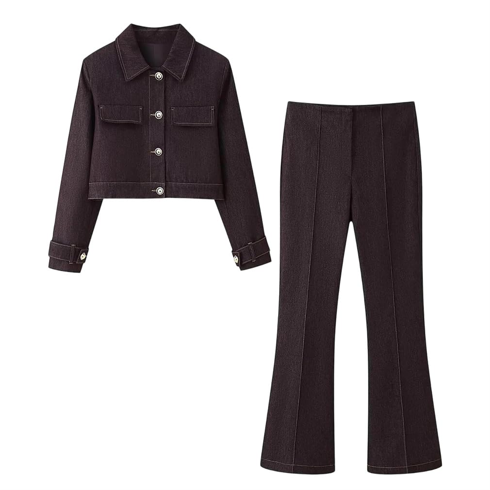Women Fall 2-Piece Set Lapel Single-Breasted Long Sleeve Pocket Button Short Zipper Bell-Bottoms