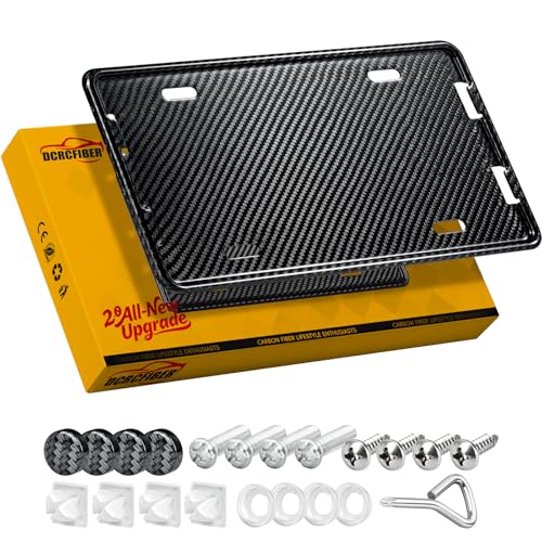 DCRCFIBER 100% Carbon Fiber License Plate Frame New Full Carbon Fiber snap-on 4 Hole License Plate Frame unobstructed View with Screw Caps Anti-Vibration Pads